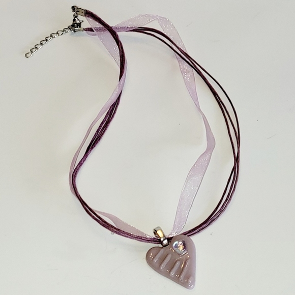 Heart Lavender Fused Glass 🩶 Pendant on Ribbon/String Cord, Handcrafted, New - Picture 2 of 5